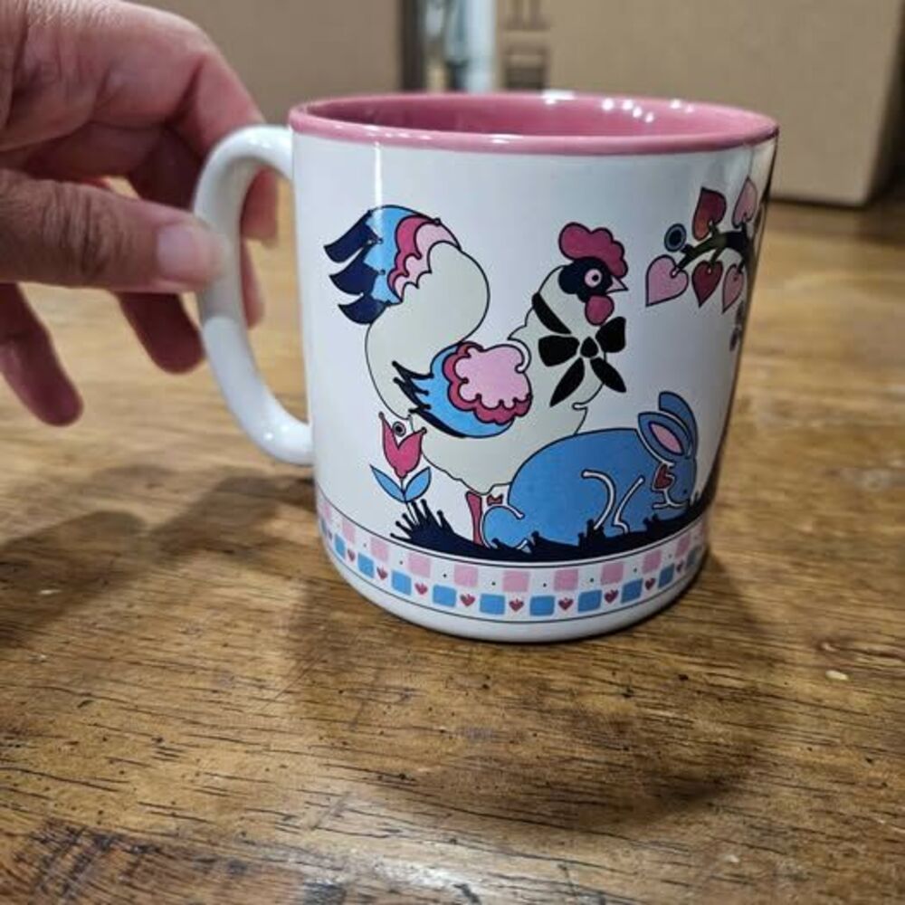Vintage Folk Art Ceramic Mug with Rooster, Rabbit, Cat, and Sheep